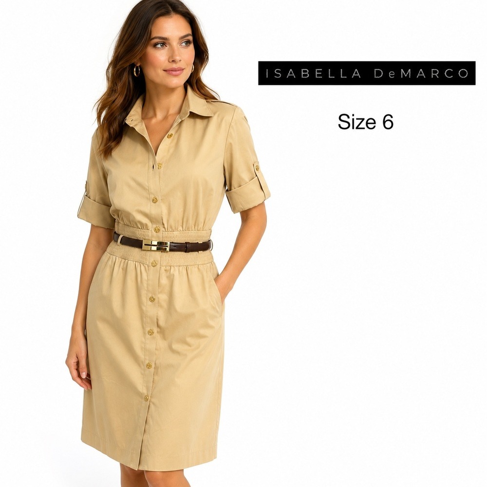 Isabella DeMarco Shirt Dress Womens 6 Tan Fit & Flare Safari Career Utility Chic